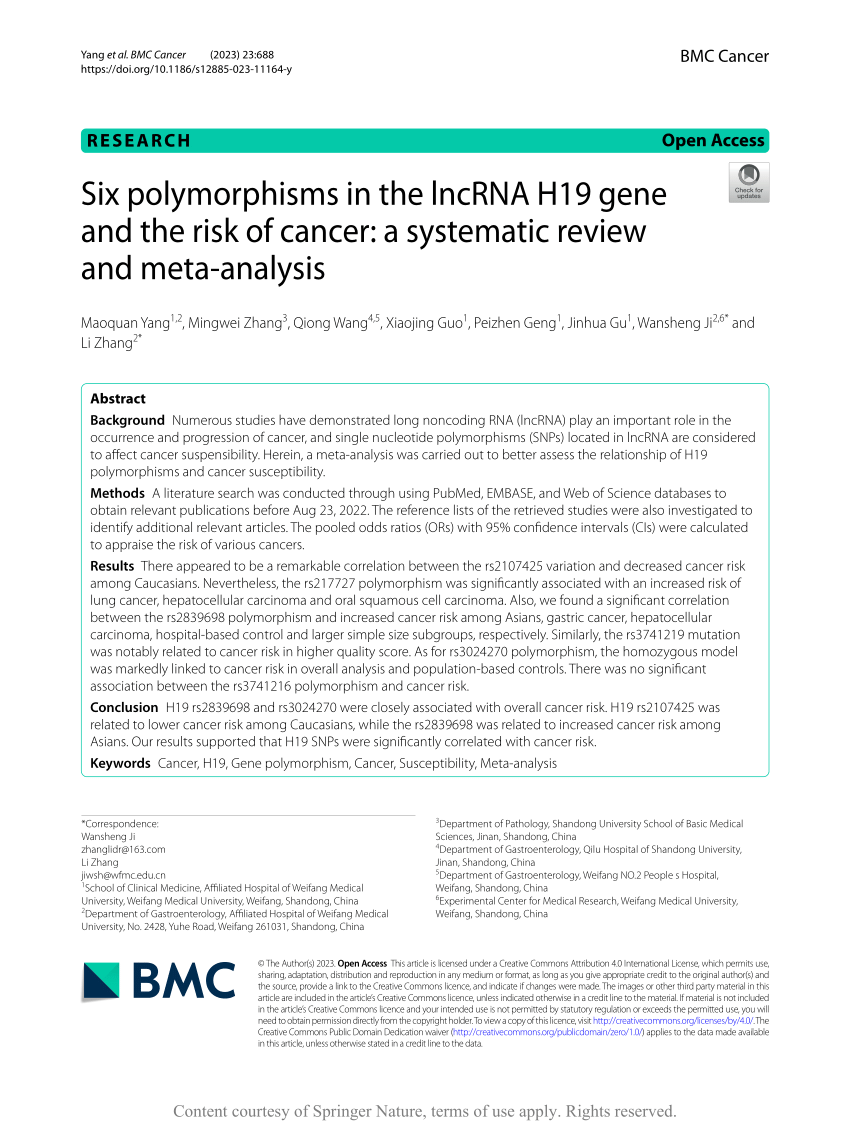 PDF) Six polymorphisms in the lncRNA H19 gene and the risk of 