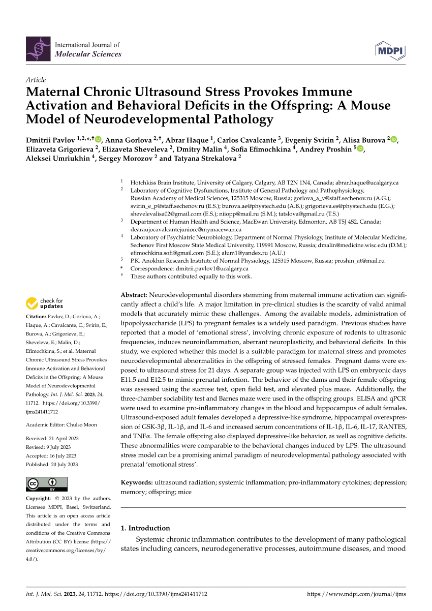 Pdf Maternal Chronic Ultrasound Stress Provokes Immune Activation And Behavioral Deficits In 5588