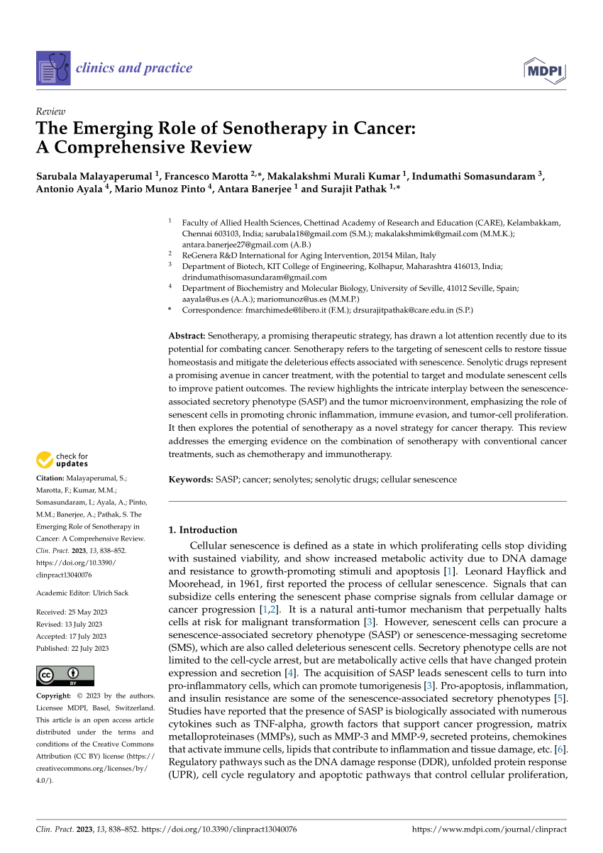 Pdf The Emerging Role Of Senotherapy In Cancer A Comprehensive Review 6212