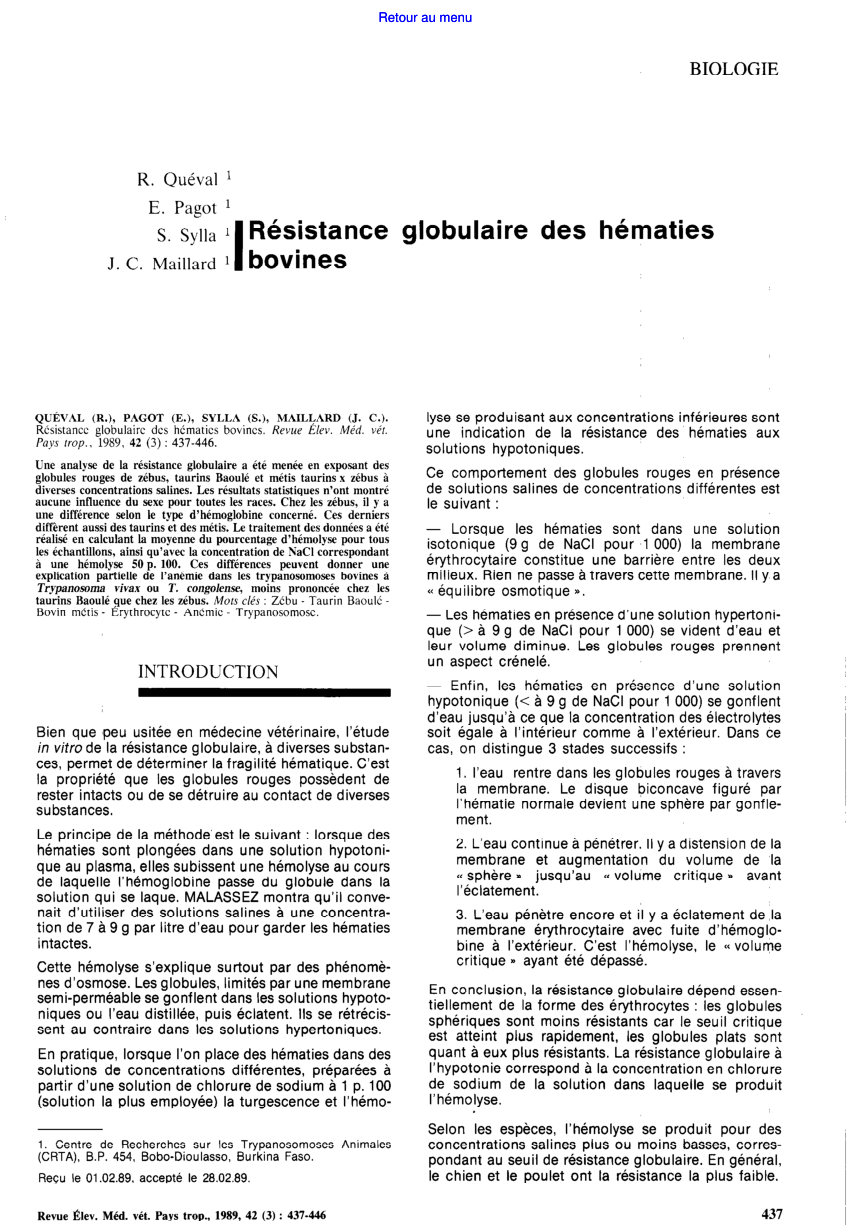 PDF) Résistance globulaire des hématies bovines