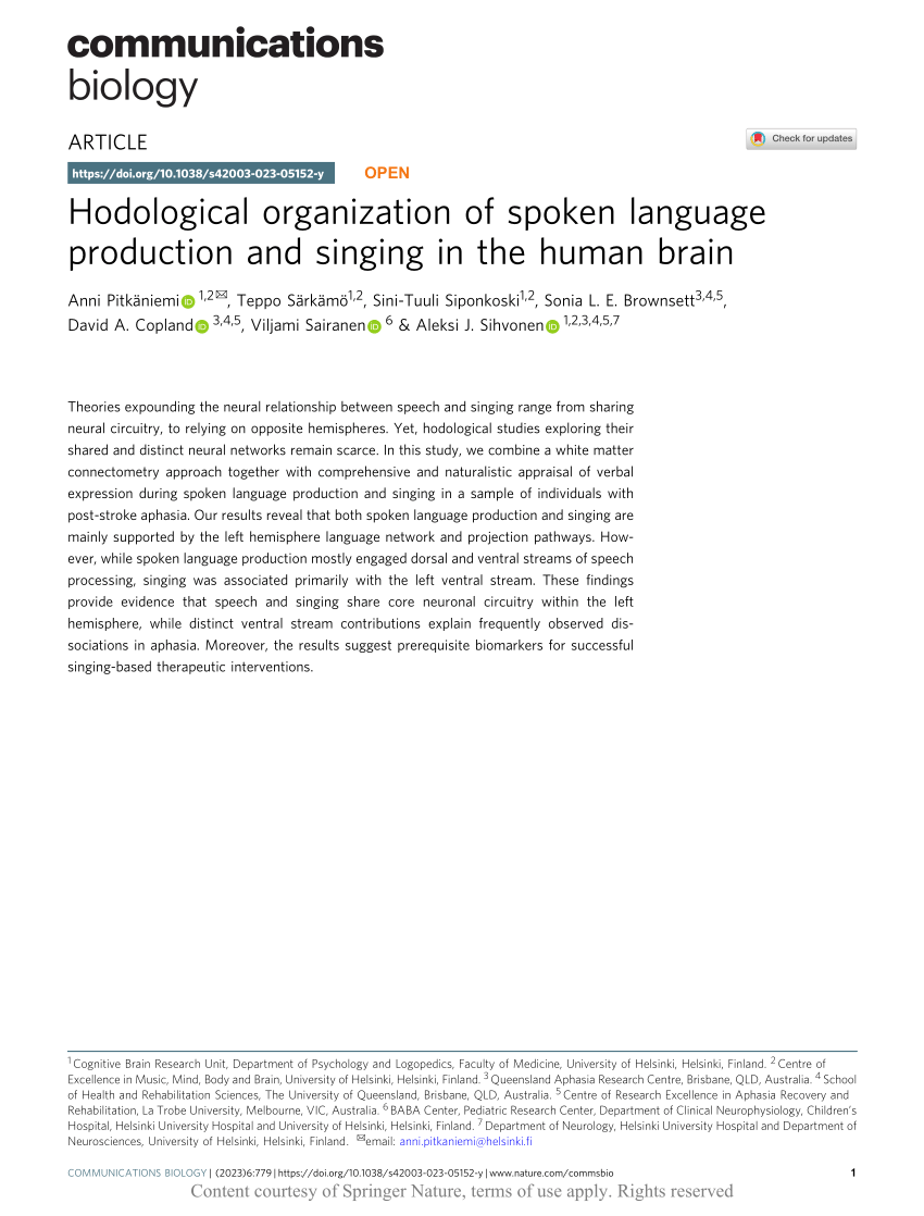 Hodological organization of spoken language production and singing in the  human brain