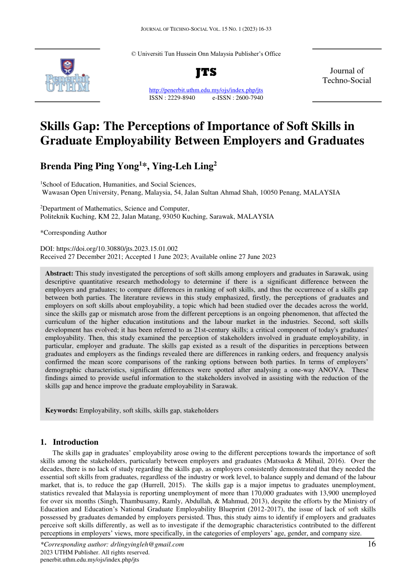 Pdf Skills Gap The Perceptions Of Importance Of Soft Skills In Graduate Employability Between 0790