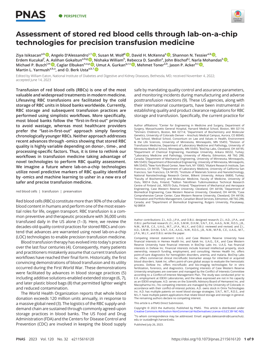 PDF Assessment of stored red blood cells through lab on a chip  