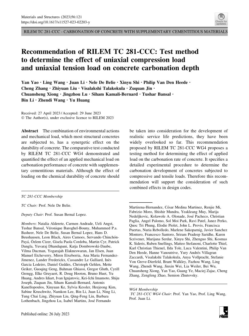 PDF) Recommendation of RILEM TC 281-CCC: Test method to determine the  effect of uniaxial compression load and uniaxial tension load on concrete  carbonation depth