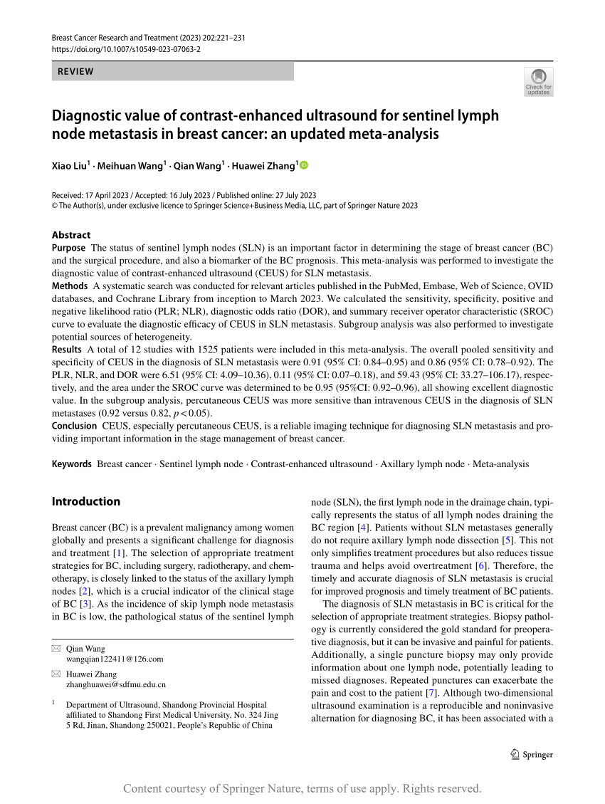 Diagnostic Value Of Contrast Enhanced Ultrasound For Sentinel Lymph Node Metastasis In Breast 