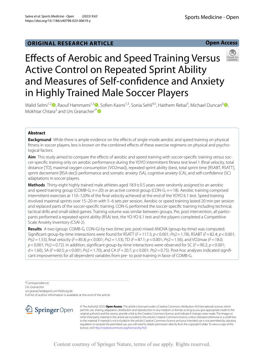 PDF) Effects of Aerobic and Speed Training Versus Active Control on  Repeated Sprint Ability and Measures of Self-confidence and Anxiety in  Highly Trained Male Soccer Players