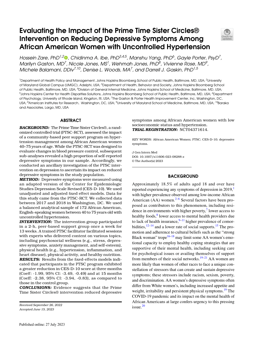 PDF) Evaluating the Impact of the Prime Time Sister Circles® Intervention on Reducing Depressive Symptoms Among African American Women with Uncontrolled Hypertension