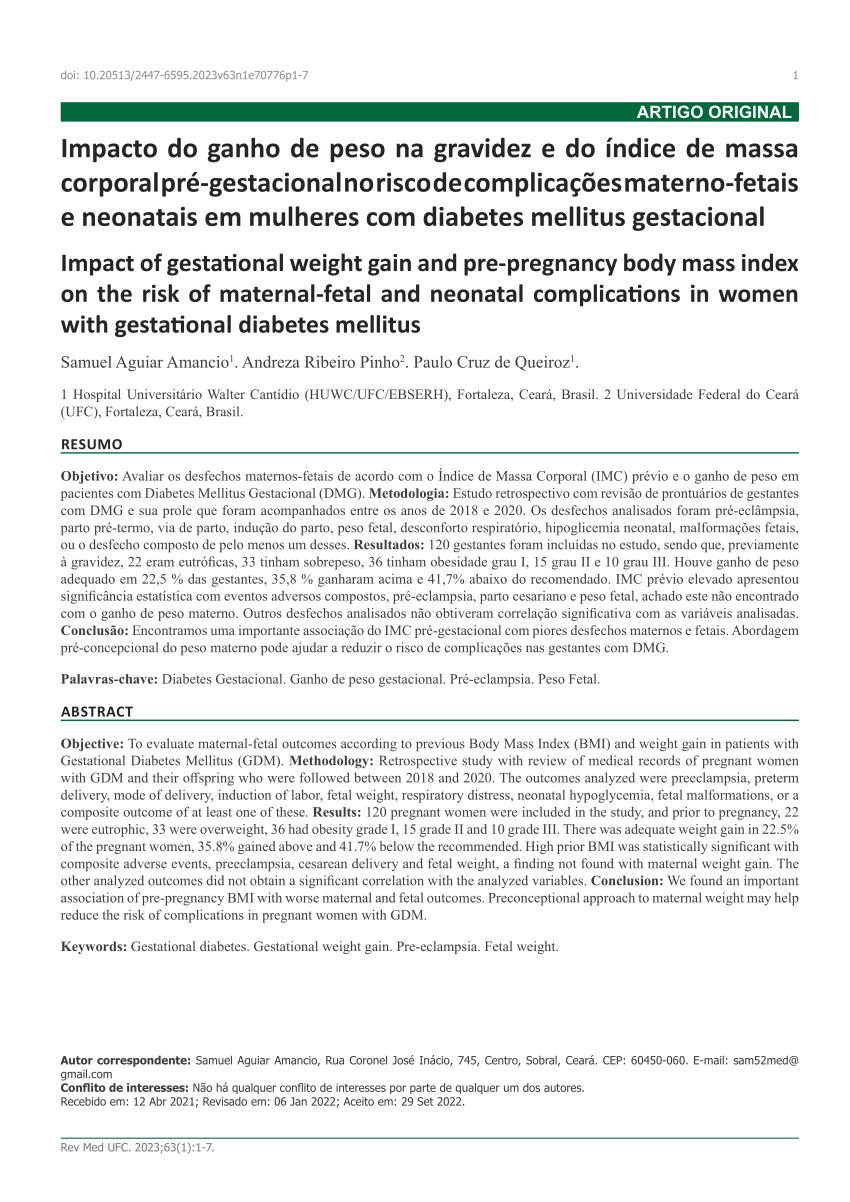 Pdf Impacto Do Ganho De Peso Na Gravidez E Do índice De Massa Corporal Pré Gestacional No 6614