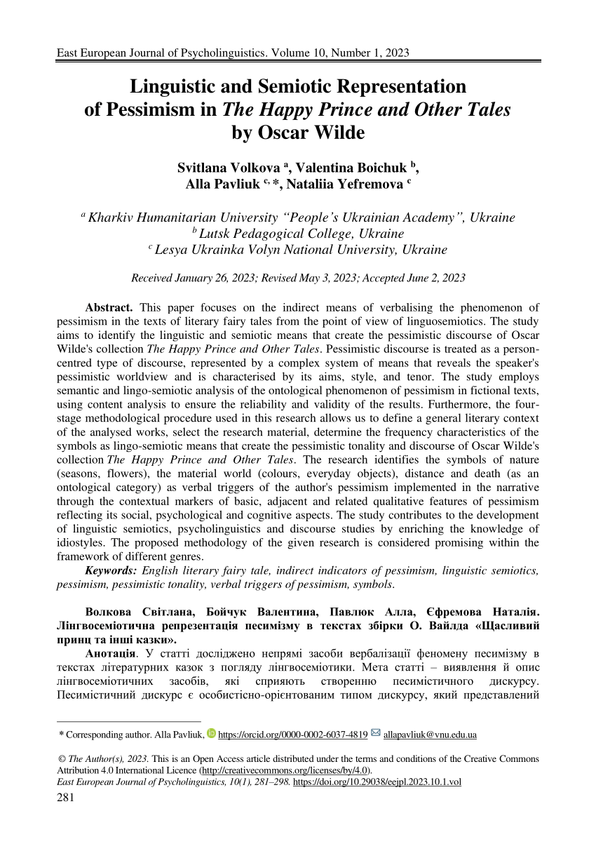 PDF) Linguistic and semiotic representation of pessimism in The Happy  Prince and Other Tales by Oscar Wilde