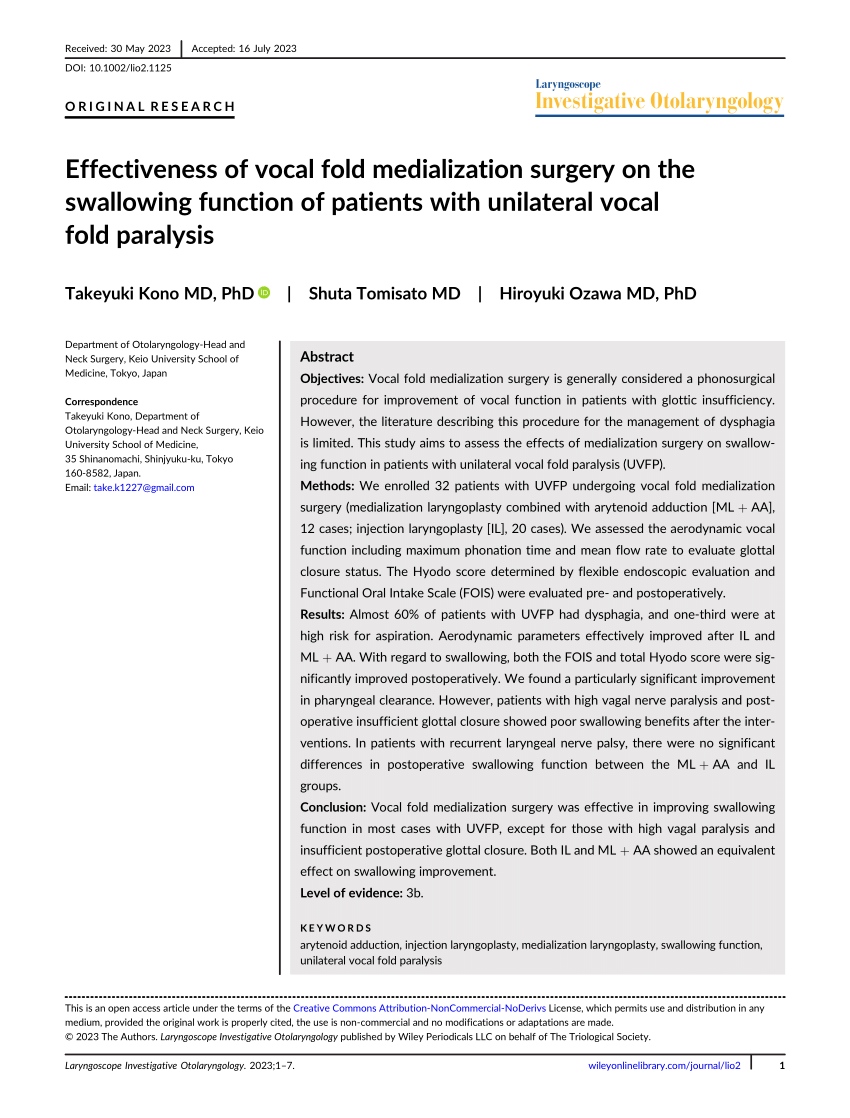 Pdf Effectiveness Of Vocal Fold Medialization Surgery On The Swallowing Function Of Patients 6390