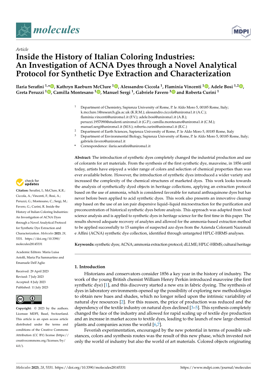 PDF) Inside the History of Italian Coloring Industries: An Investigation of  ACNA Dyes through a Novel Analytical Protocol for Synthetic Dye Extraction  and Characterization