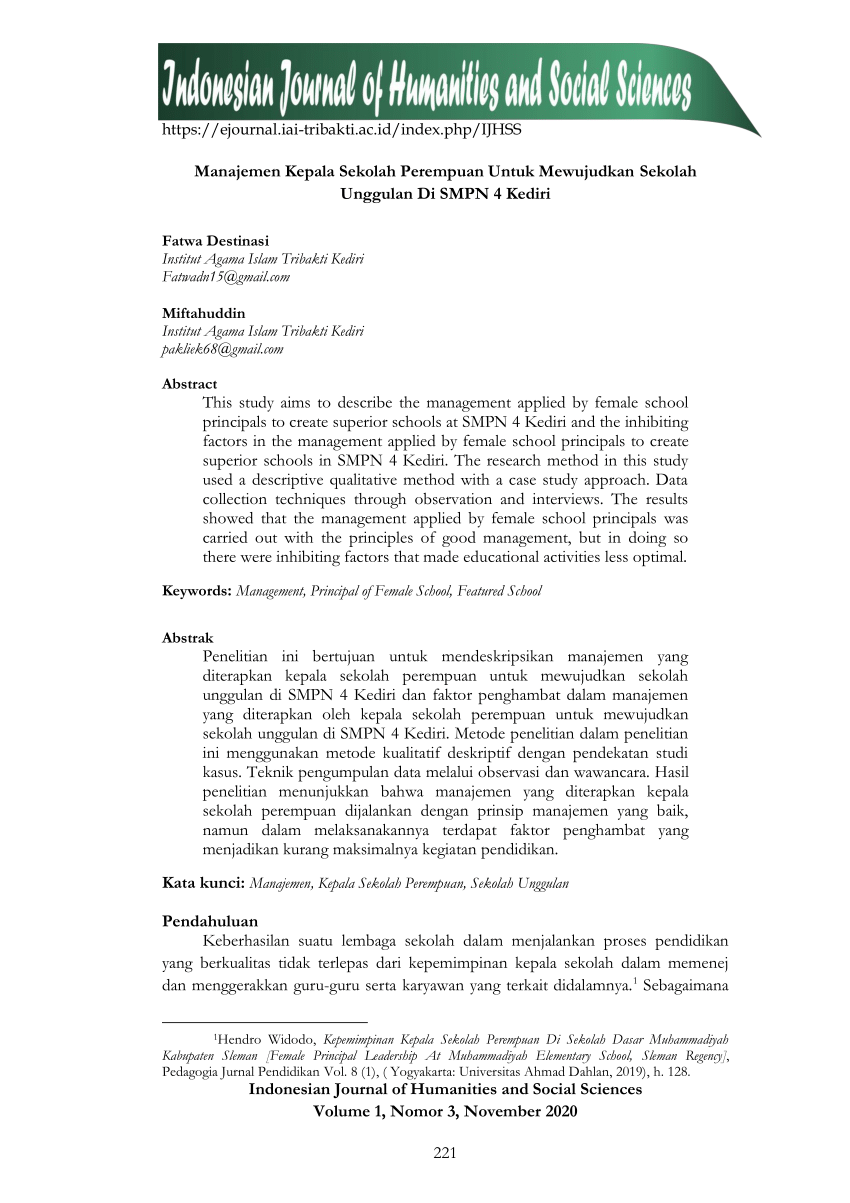Pdf Manajemen Kepala Sekolah Perempuan Untuk Mewujudkan Sekolah Unggulan 1409
