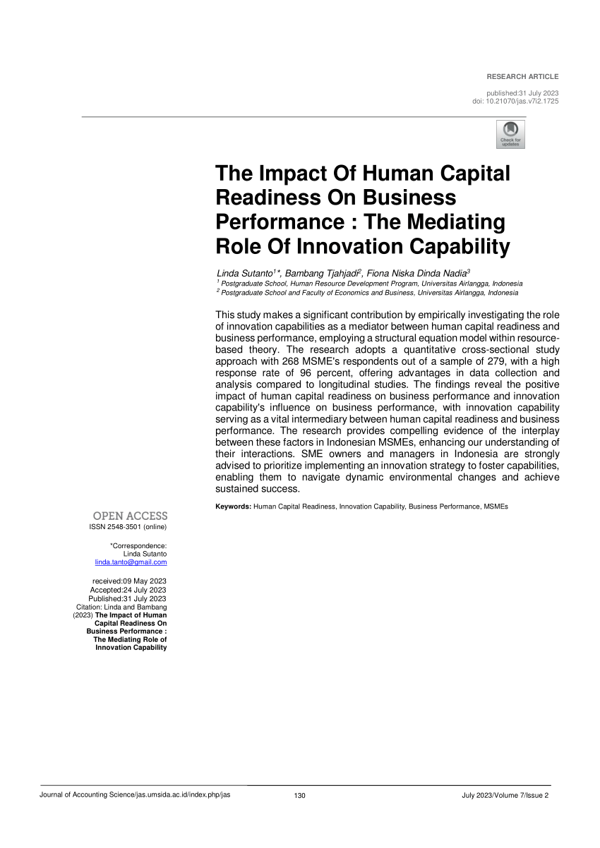 Pdf The Impact Of Human Capital Readiness On Business Performance The Mediating Role Of 3638
