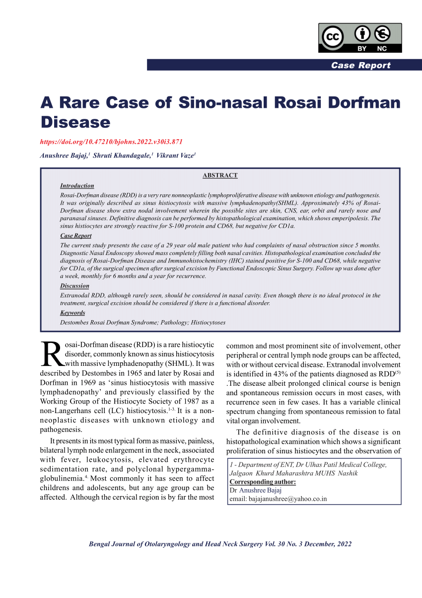 Pdf Rare Case Of Sino Nasal Rosai Dorfman Disease