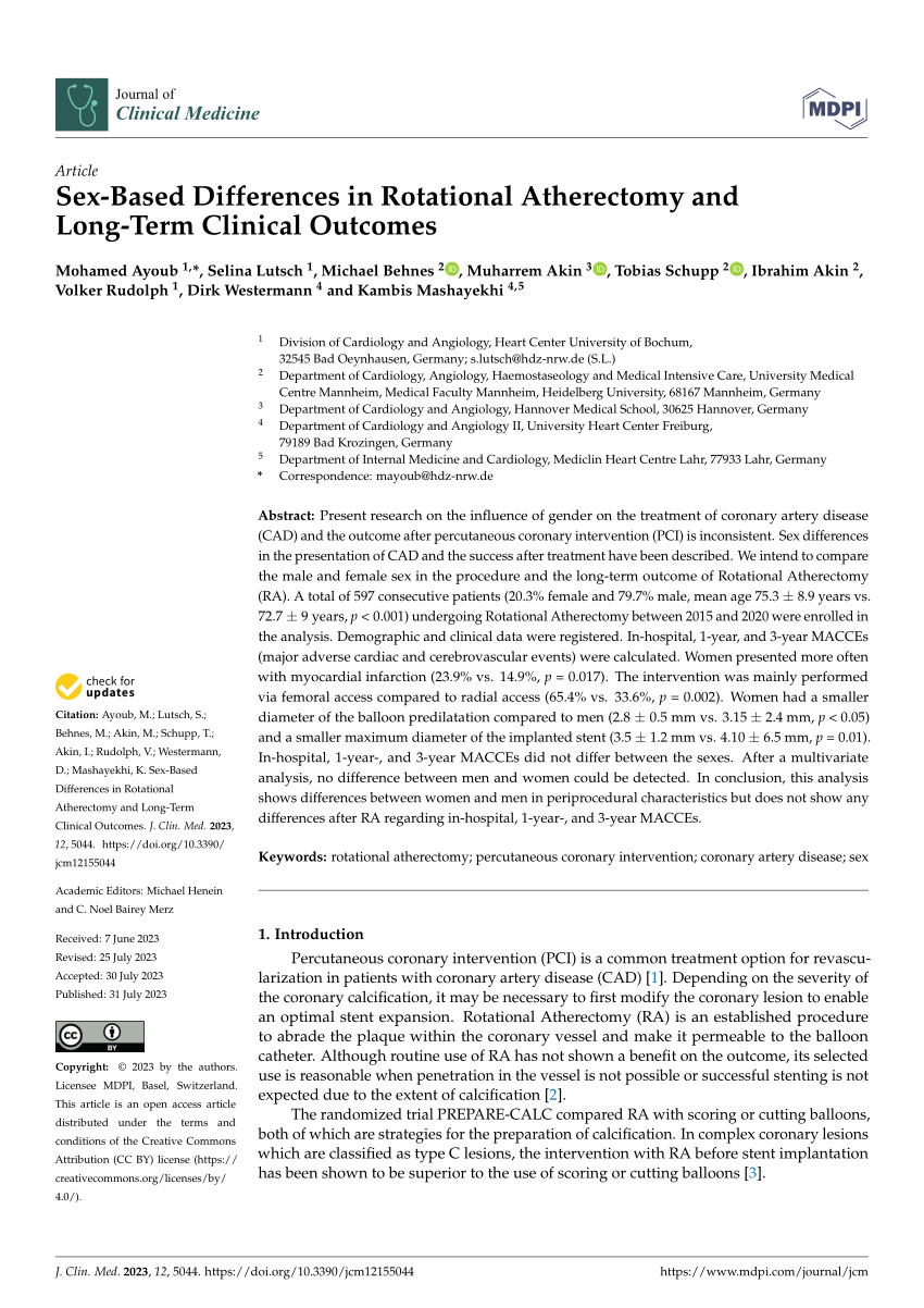 Pdf Sex Based Differences In Rotational Atherectomy And Long Term Clinical Outcomes 9216