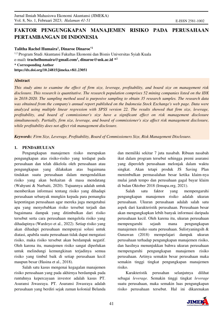 Pdf Faktor Pengungkapan Manajemen Risiko Pada Perusahaan Pertambangan