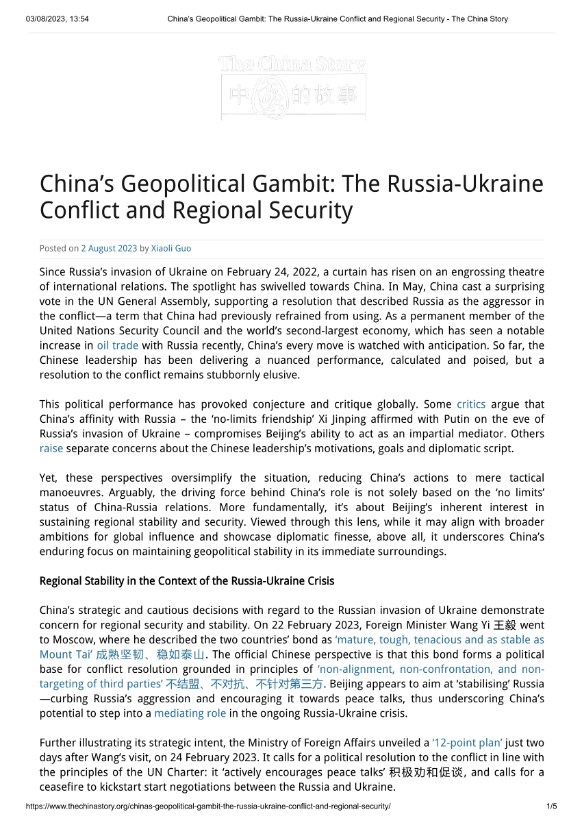 (PDF) China’s Geopolitical Gambit: The Russia-Ukraine Conflict and Regional Security