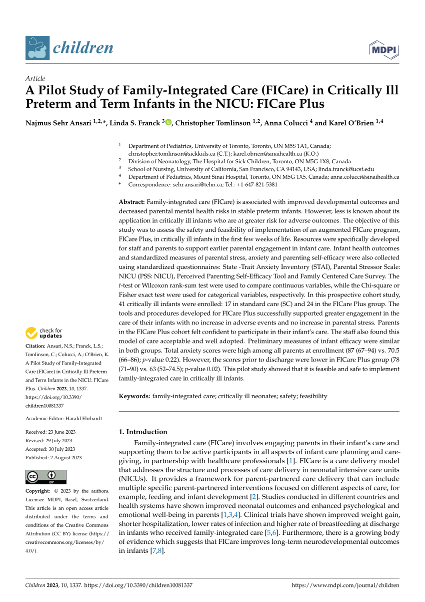 PDF A Pilot Study of Family Integrated Care FICare in  