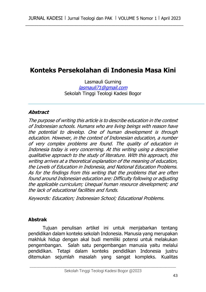 Pdf Konteks Persekolahan Di Indonesia Masa Kini