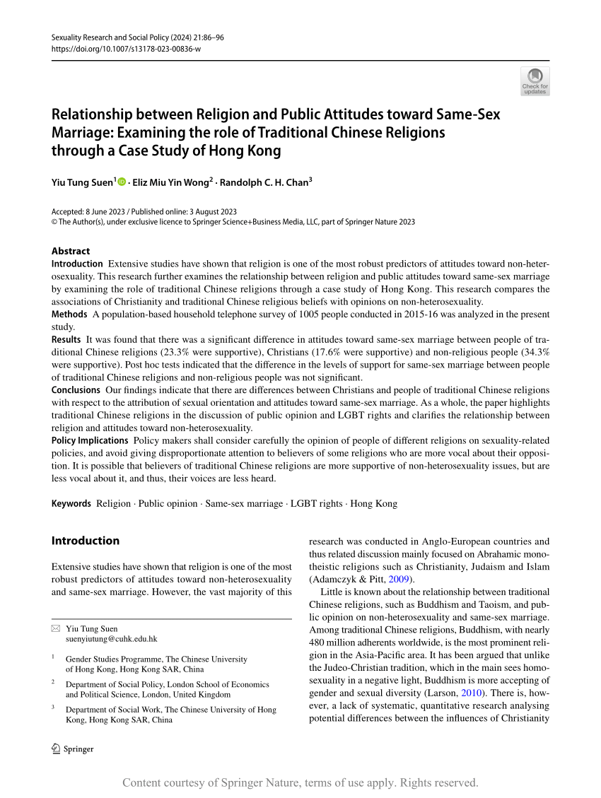 Relationship Between Religion And Public Attitudes Toward Same Sex Marriage Examining The Role