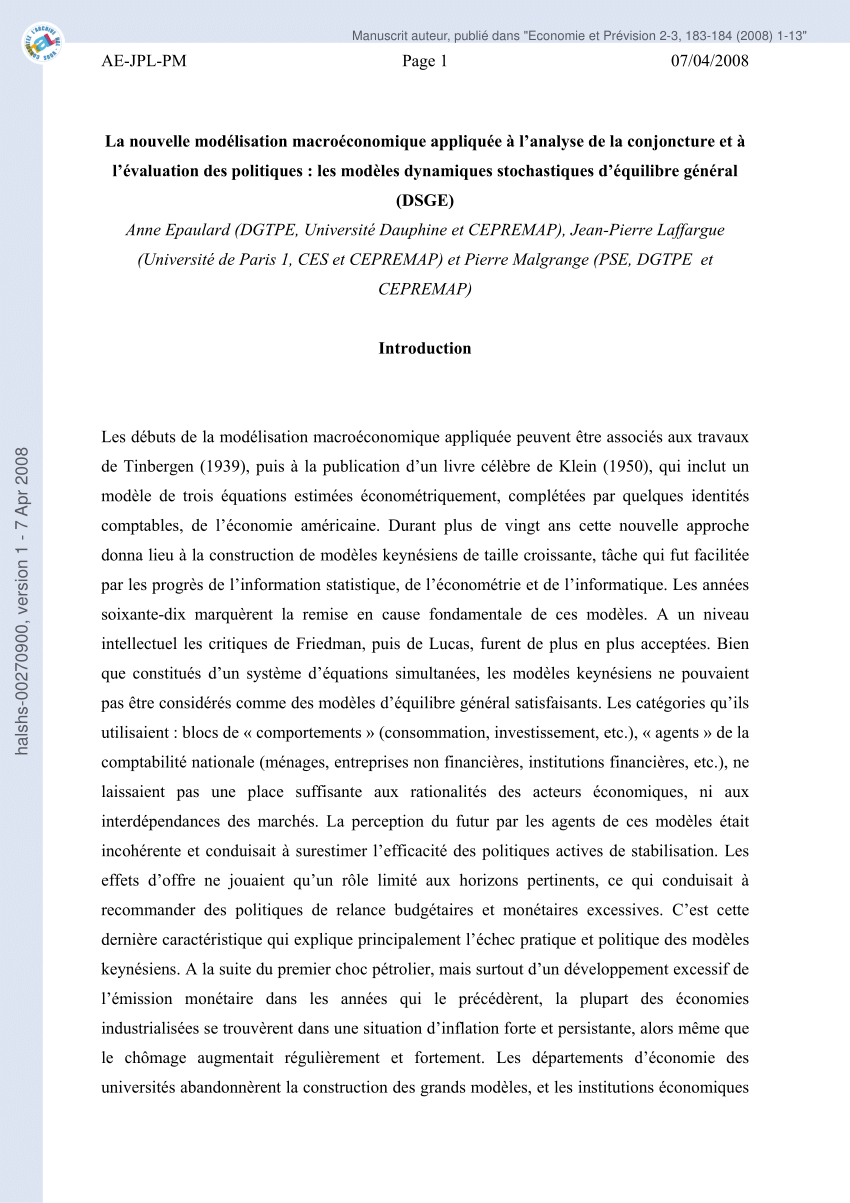 (PDF) La nouvelle modélisation macroéconomique appliquée à l'analyse de la conjoncture et à l ...