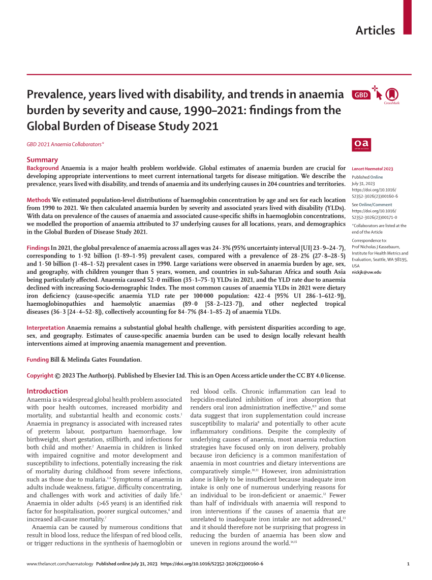 Prevalence, years lived with disability, and trends in anaemia burden by  severity and cause, 1990–2021: findings from the Global Burden of Disease  Study 2021 - The Lancet Haematology