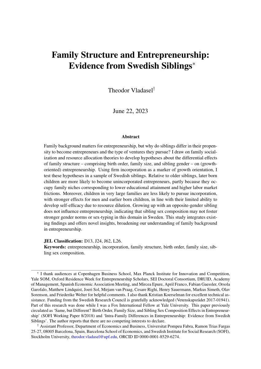 PDF) Family structure and entrepreneurship: Evidence from Swedish siblings