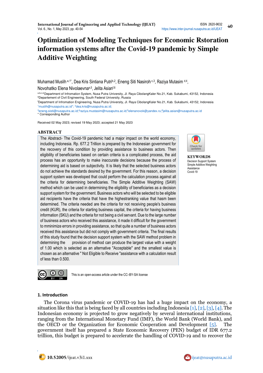 PDF) Optimization of Modeling Techniques for Economic Rstoration  information systems after the Covid-19 pandemic by Simple Additive Weighting