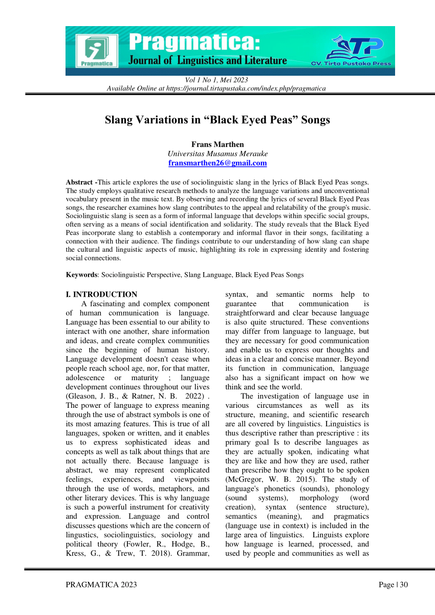 PDF Slang Variations in Black Eyed Peas Songs 