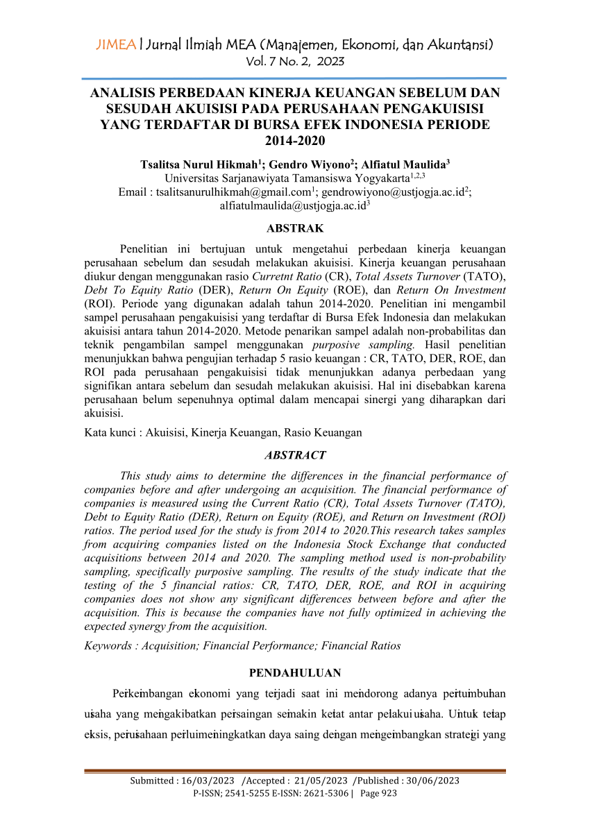Pdf Analisis Perbedaan Kinerja Keuangan Sebelum Dan Sesudah Akuisisi Pada Perusahaan 3088