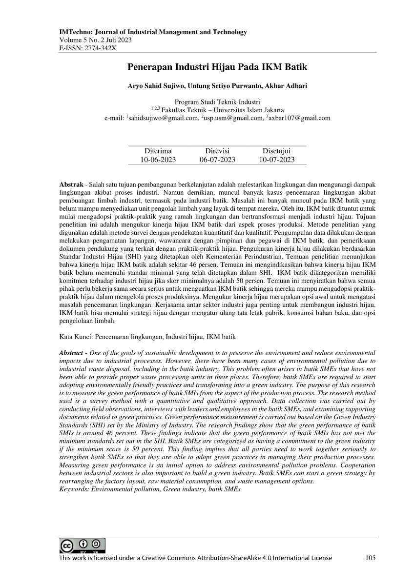 Pdf Penerapan Industri Hijau Pada Ikm Batik 