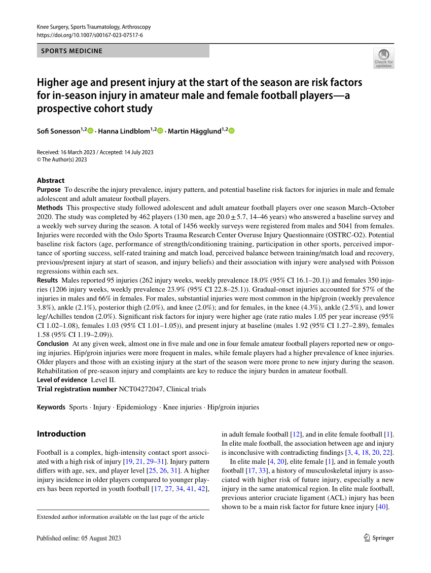 PDF) Higher age and present injury at the start of the season are risk factors for in-season injury in amateur male and female football players—a prospective cohort study
