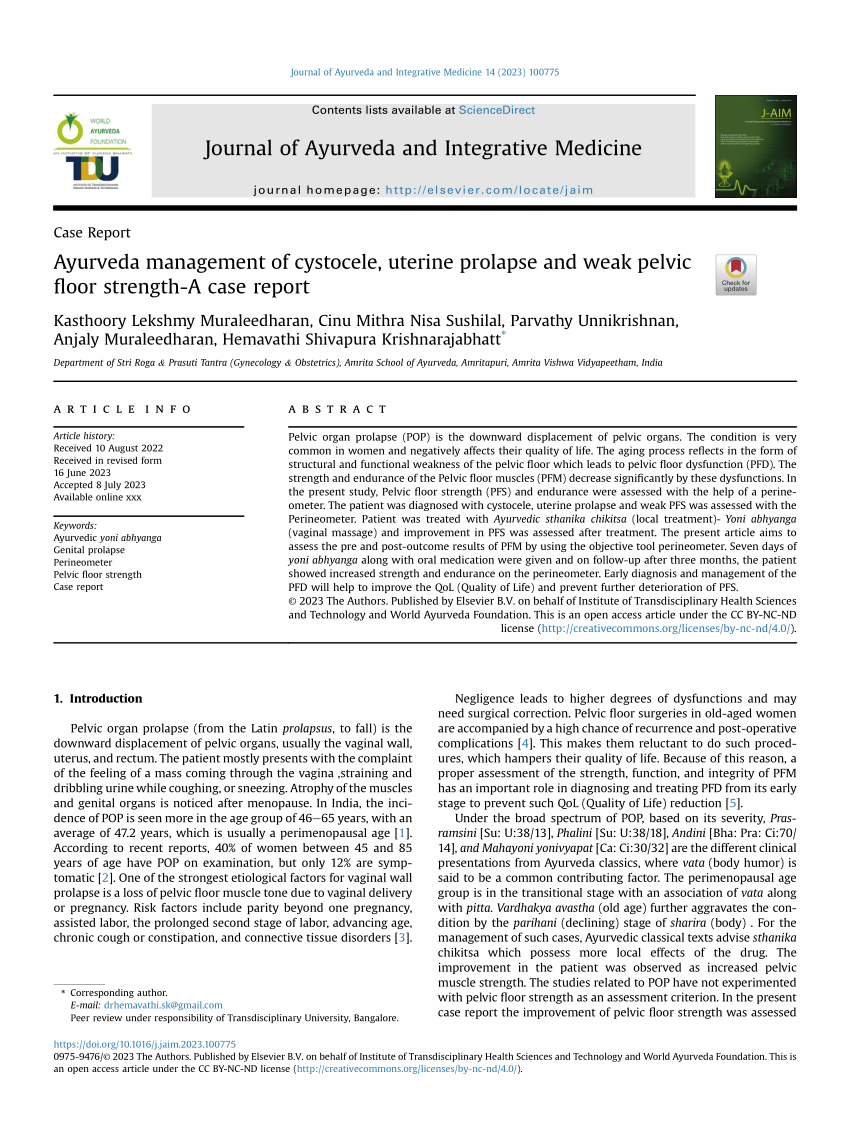 PDF) Ayurveda management of cystocele, uterine prolapse and weak pelvic  floor strength-A case report