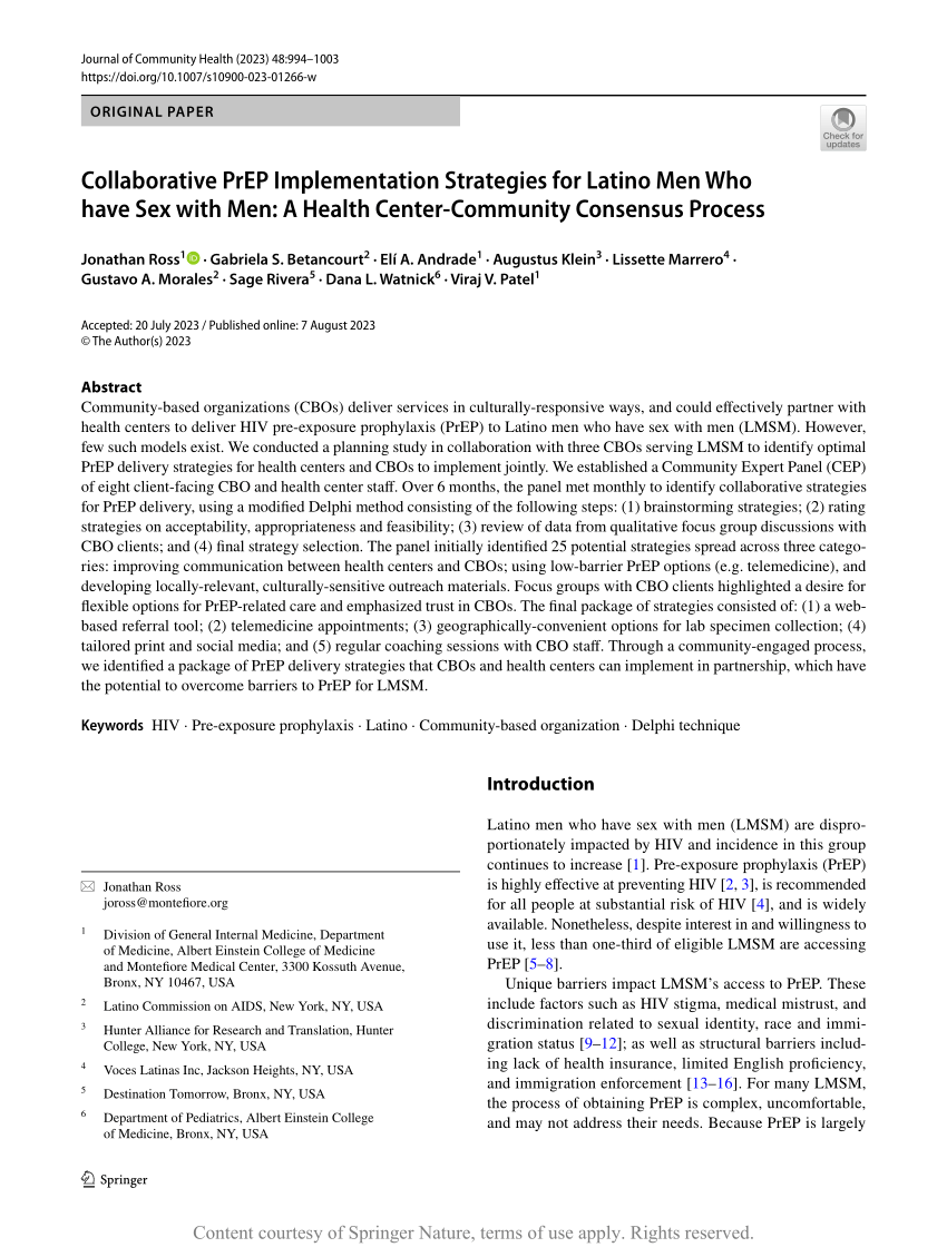 PDF) Collaborative PrEP Implementation Strategies for Latino Men Who have  Sex with Men: A Health Center-Community Consensus Process