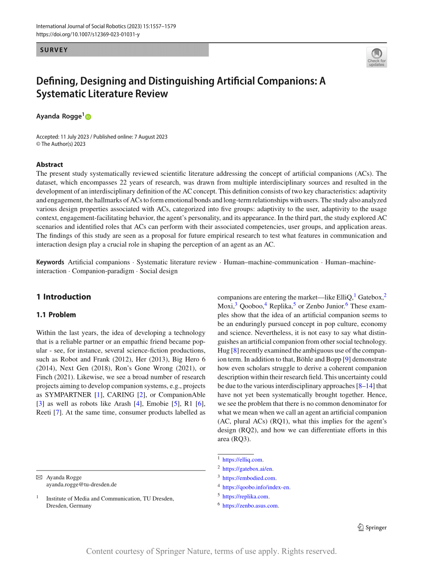 PDF) Defining, Designing and Distinguishing Artificial Companions: A  Systematic Literature Review