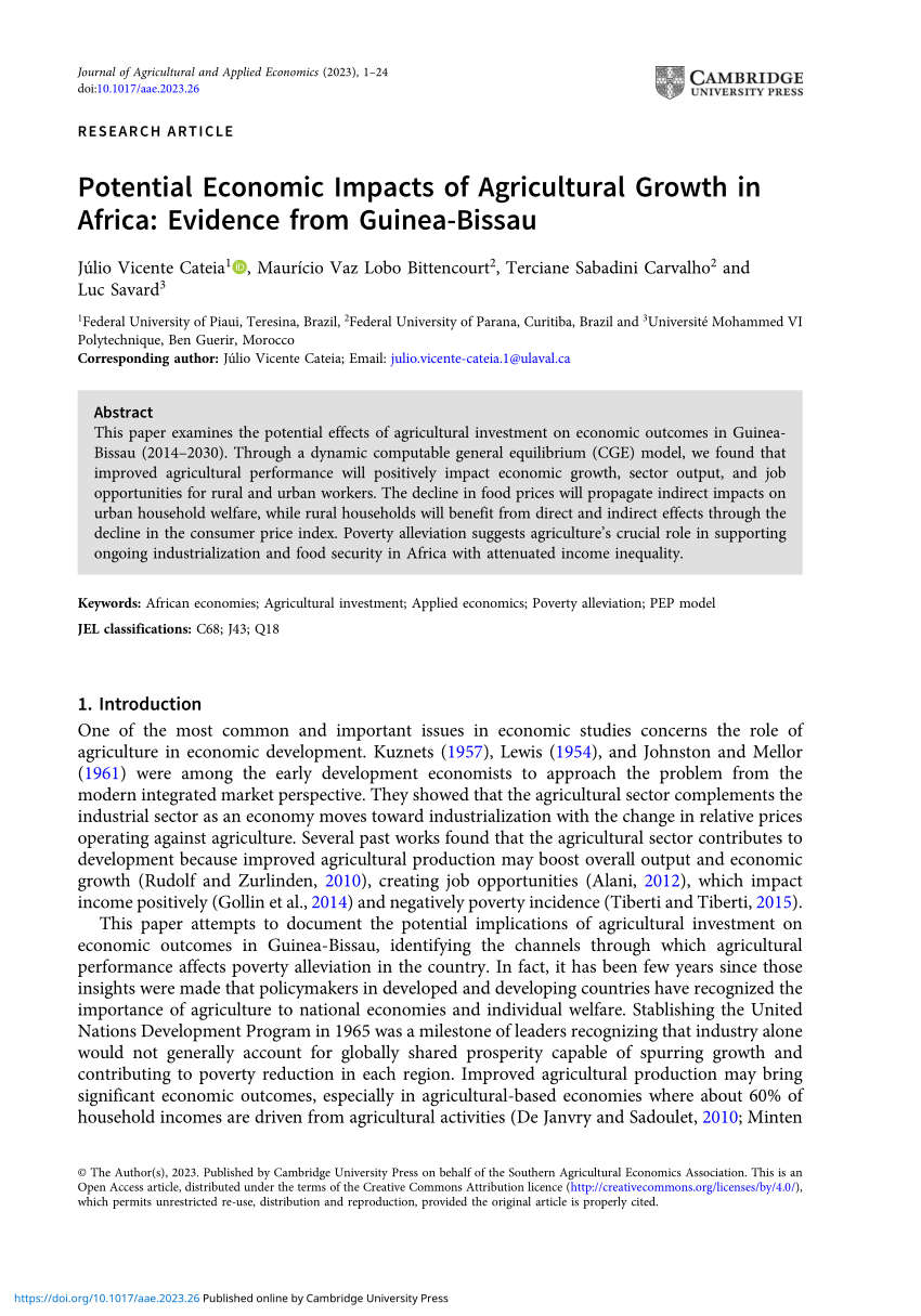The impacts of agricultural productivity on structural transformation, and  poverty alleviation in Africa: evidence from Guinea-Bissau