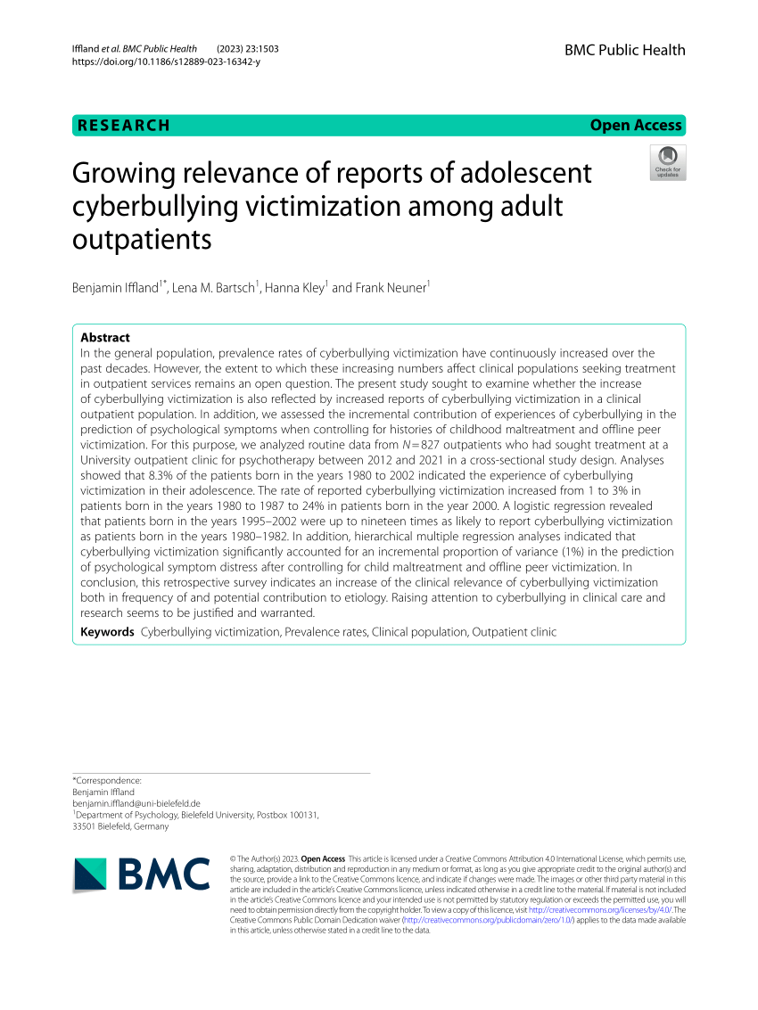 Pdf Growing Relevance Of Reports Of Adolescent Cyberbullying Victimization Among Adult Outpatients