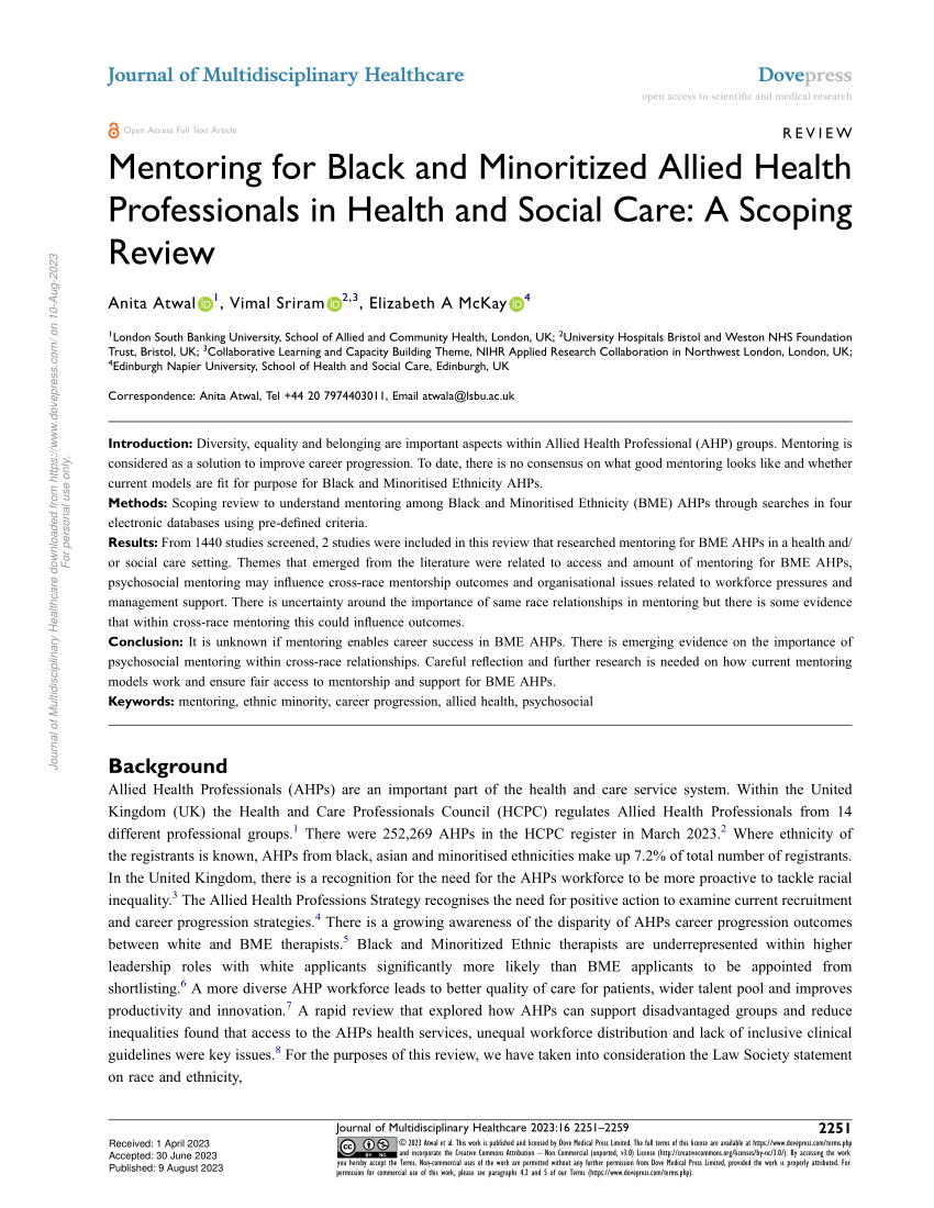 PDF) Mentoring for Black and Minoritized Allied Health Professionals in Health and Social Care A Scoping Review picture