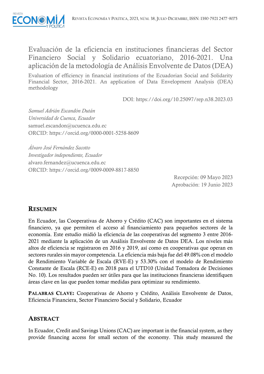 Pdf Evaluación De La Eficiencia En Instituciones Financieras Del Sector Financiero Social Y 0209