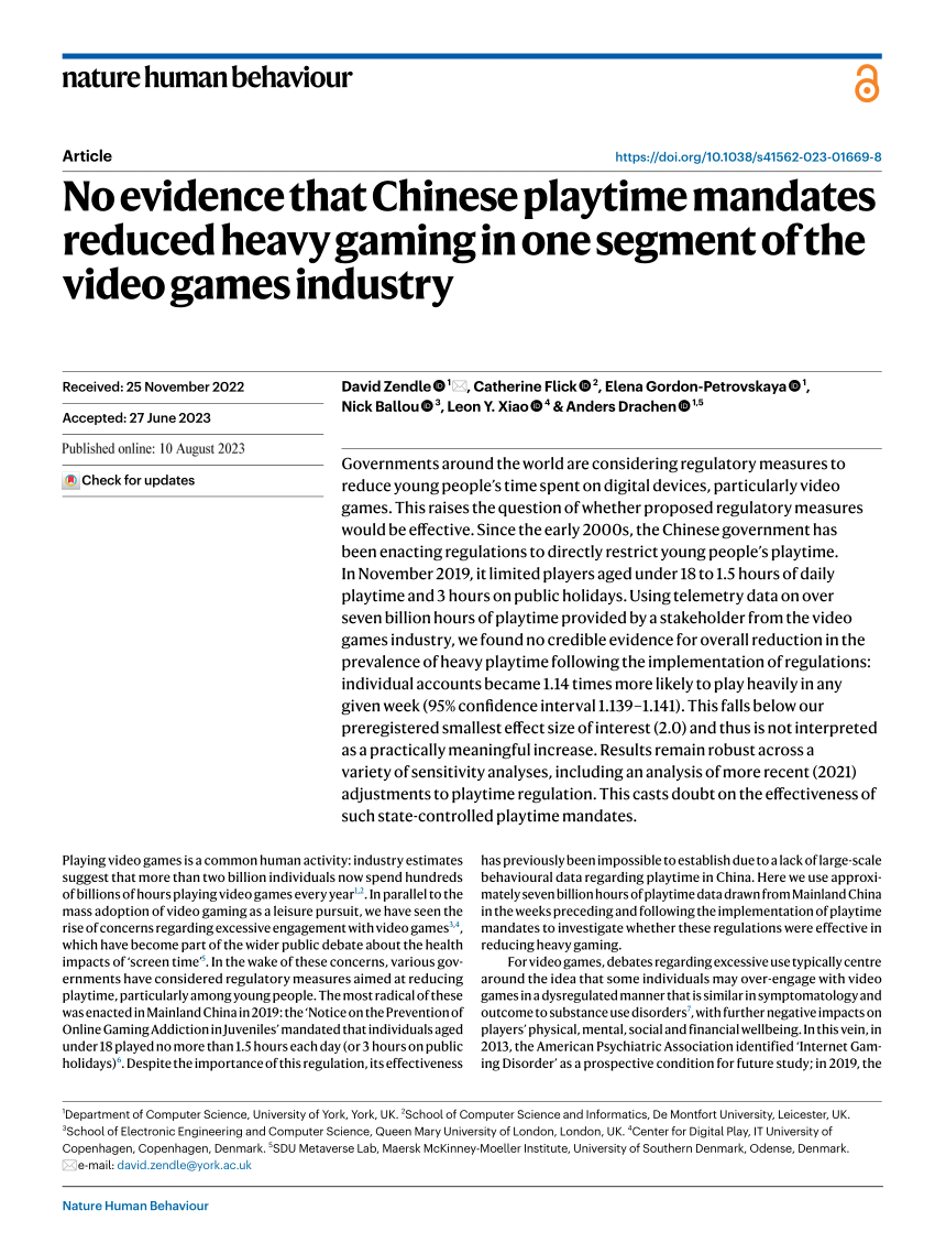 No evidence that Chinese playtime mandates reduced heavy gaming in