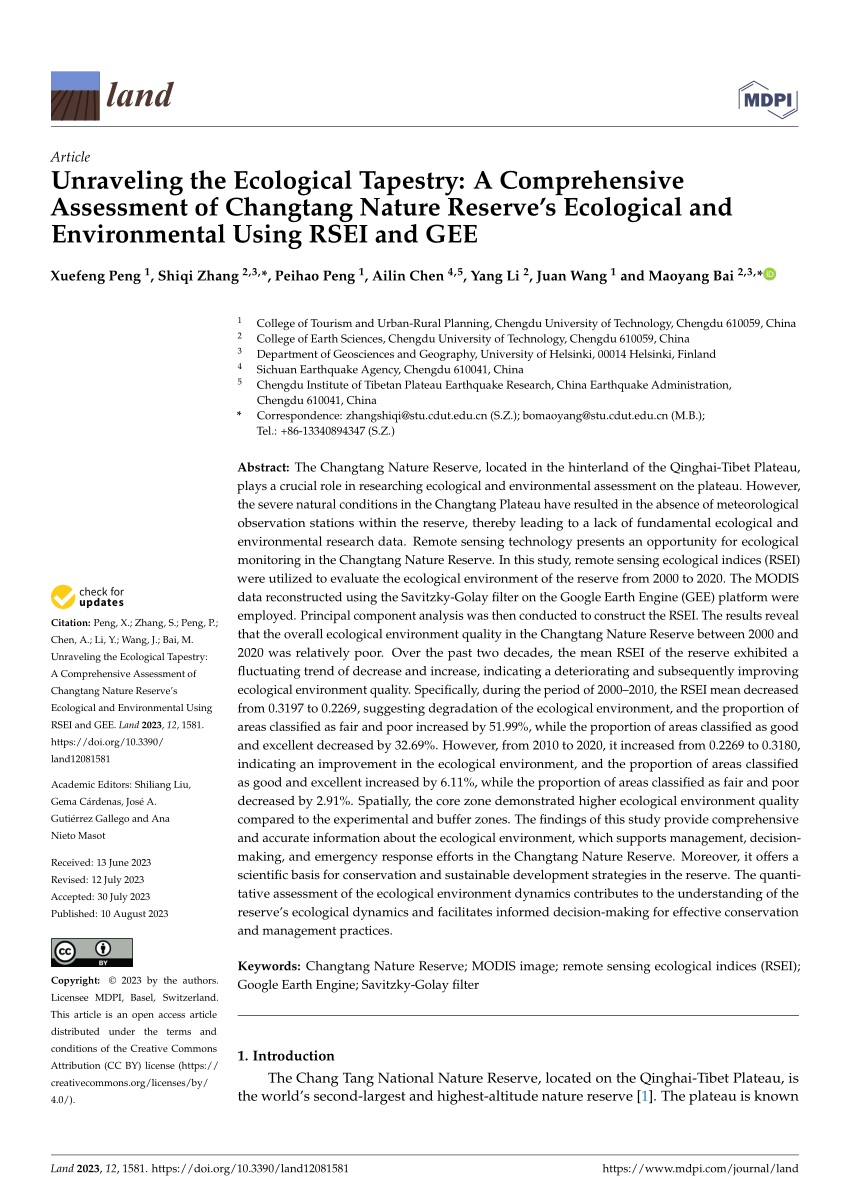 (PDF) Unraveling the Ecological Tapestry: A Comprehensive Assessment of Changtang Nature Reserve 