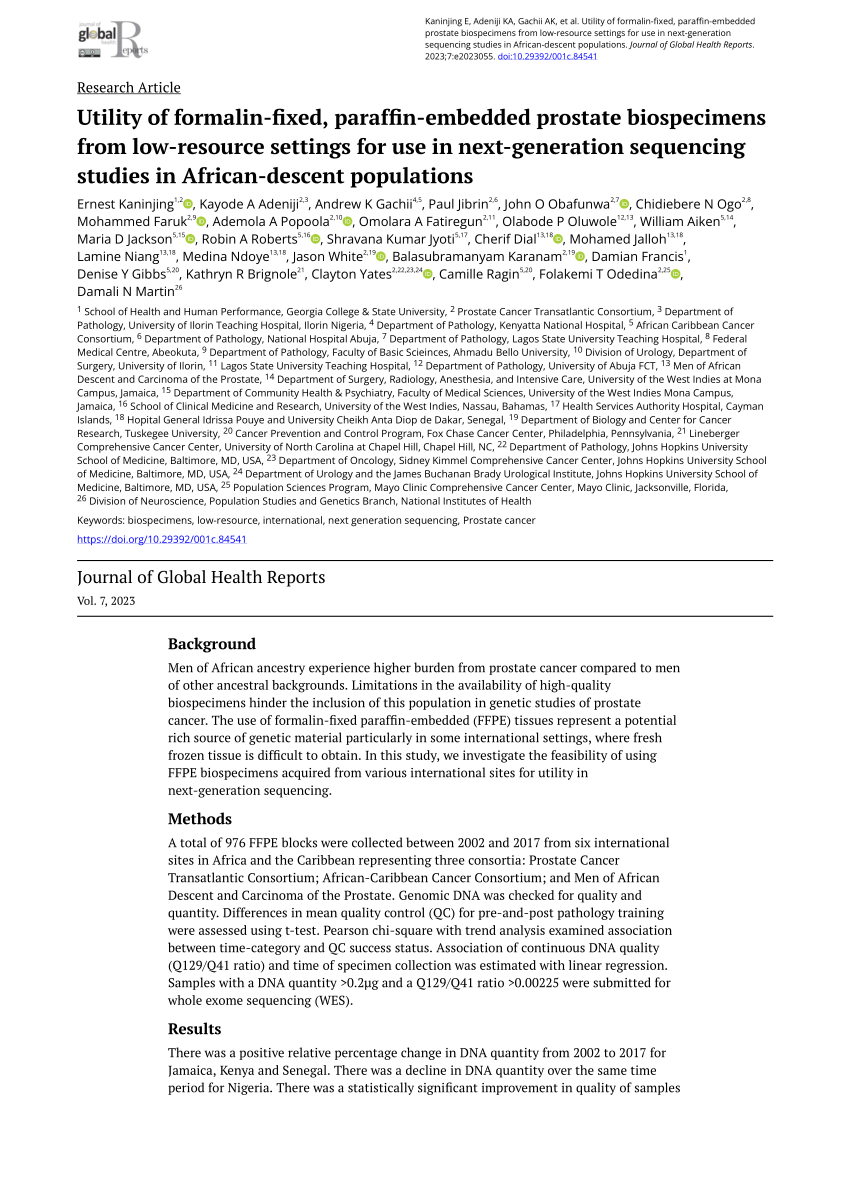 PDF) Utility of formalin-fixed, paraffin-embedded prostate biospecimens  from low-resource settings for use in next-generation sequencing studies in  African-descent populations