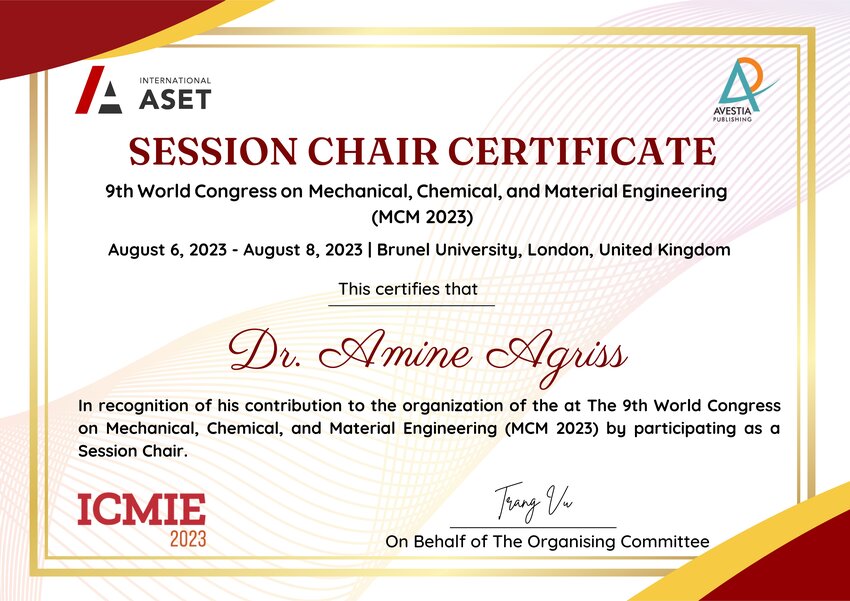 (PDF) A certificate of recognition for chairing a conference session