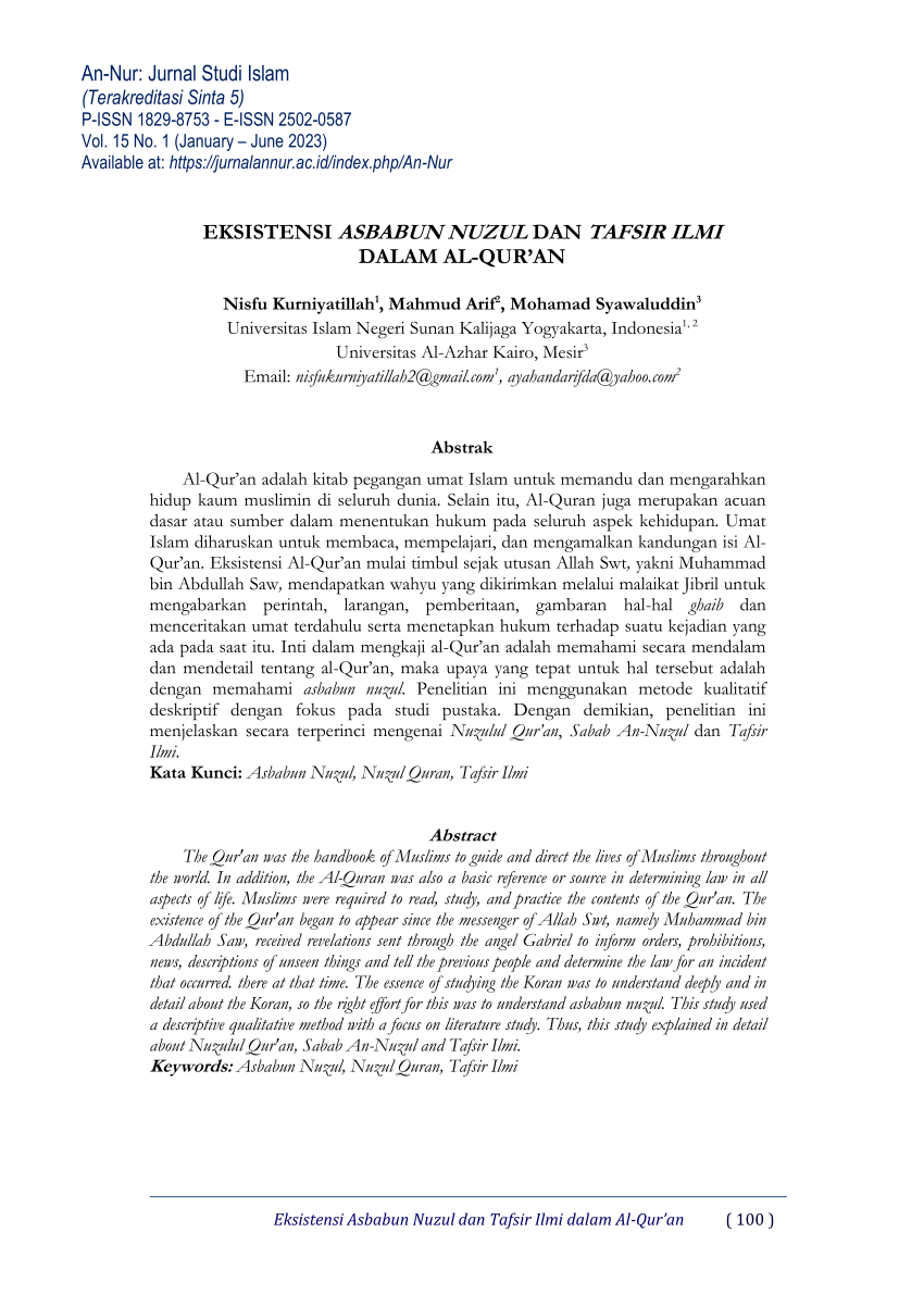 Pdf Eksistensi Asbabun Nuzul Dan Tafsir Ilmi Dalam Al Quran 6475