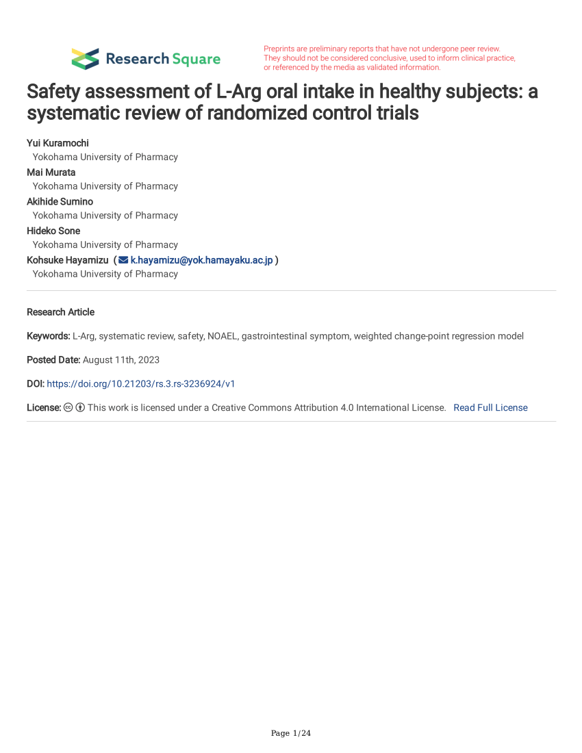 PDF) Safety assessment of L-Arg oral intake in healthy subjects: a  systematic review of randomized control trials