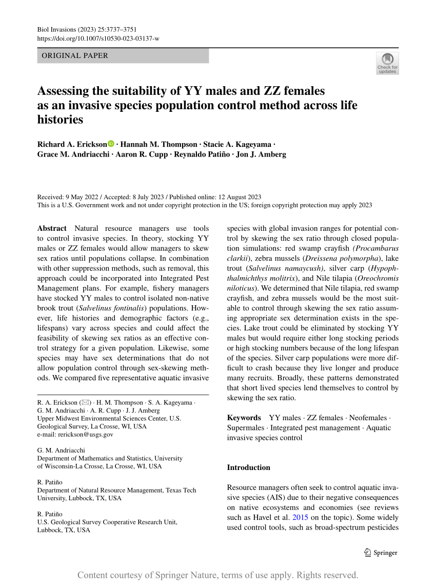 PDF) Assessing the suitability of YY males and ZZ females as an invasive  species population control method across life histories