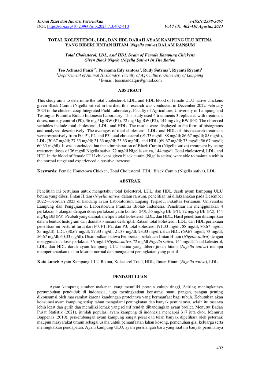 Pdf Total Kolesterol Ldl Dan Hdl Darah Ayam Kampung Ulu Betina Yang