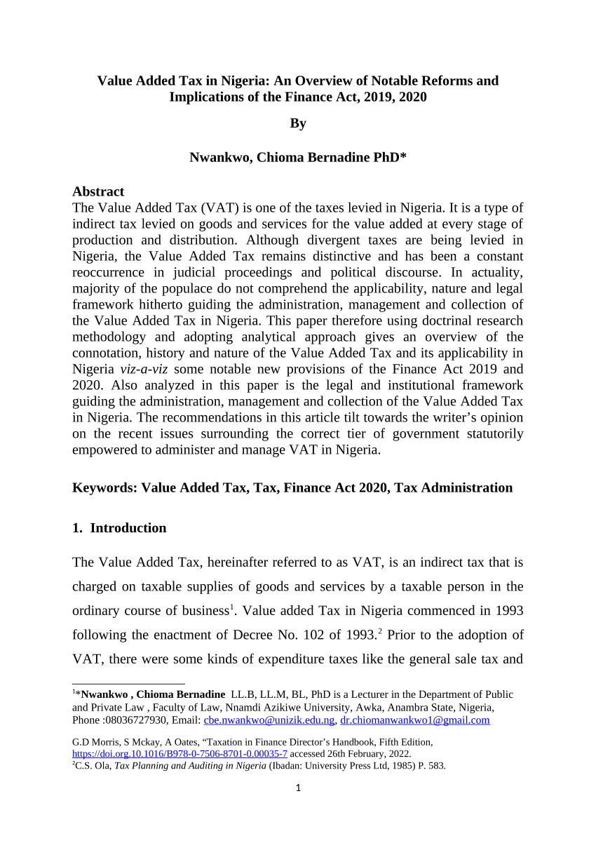 (PDF) Value Added Tax in Nigeria An Overview of Notable Reforms and Implications of the Finance Act