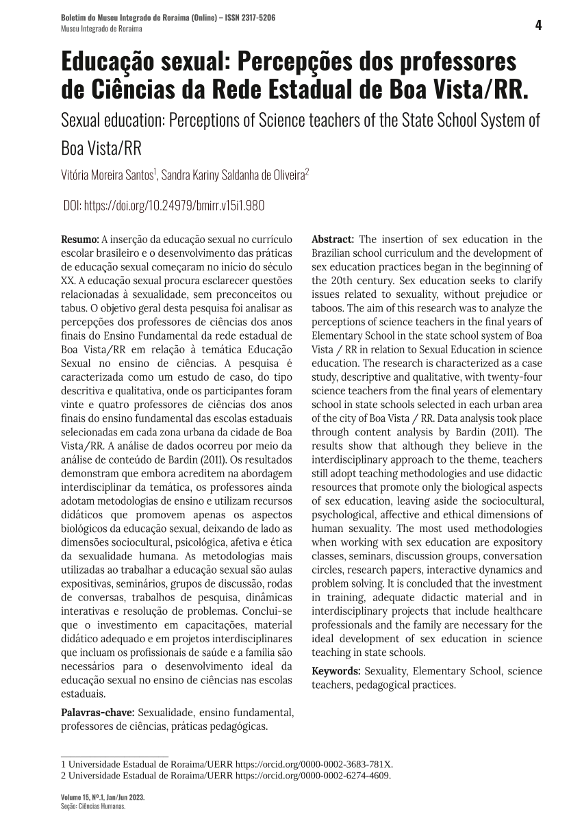 Pdf Educação Sexual Percepções Dos Professores De Ciências Da Rede Estadual De Boa Vistarr 4860