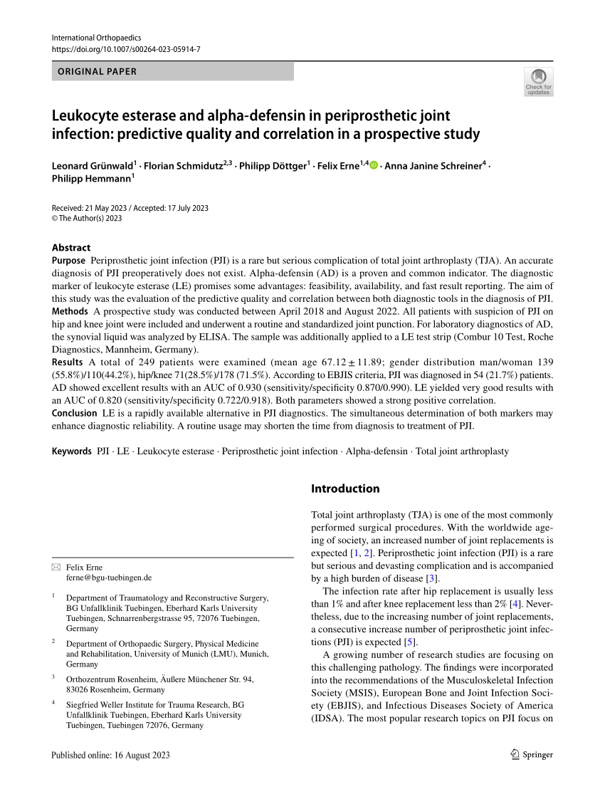 Pdf Leukocyte Esterase And Alpha Defensin In Periprosthetic Joint Infection Predictive 3014